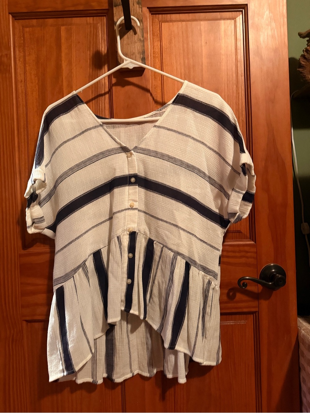 White and Navy Striped Button-Front Peplum Tunic